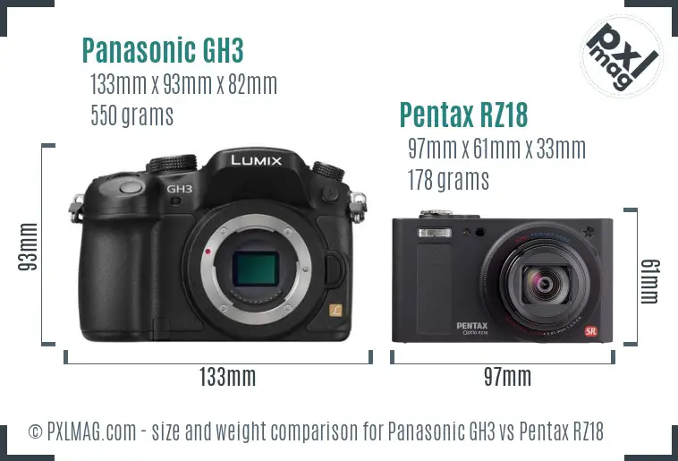 Panasonic GH3 vs Pentax RZ18 size comparison