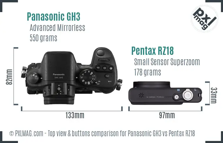 Panasonic GH3 vs Pentax RZ18 top view buttons comparison