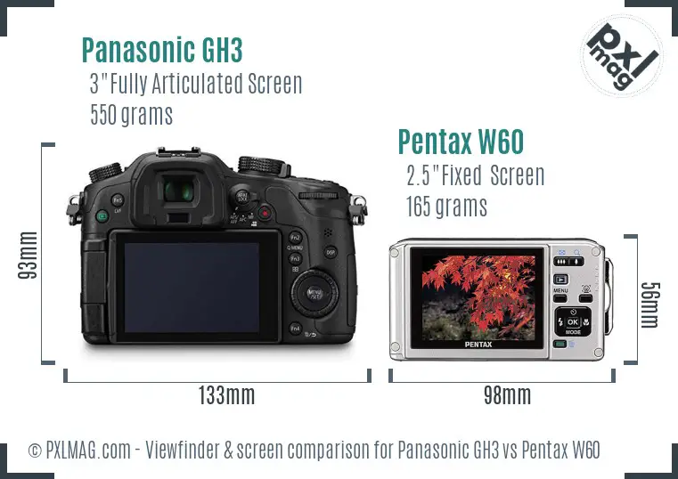 Panasonic GH3 vs Pentax W60 Screen and Viewfinder comparison