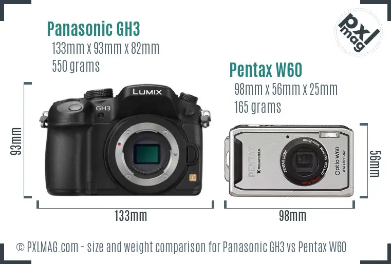 Panasonic GH3 vs Pentax W60 size comparison