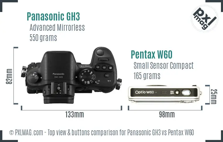 Panasonic GH3 vs Pentax W60 top view buttons comparison