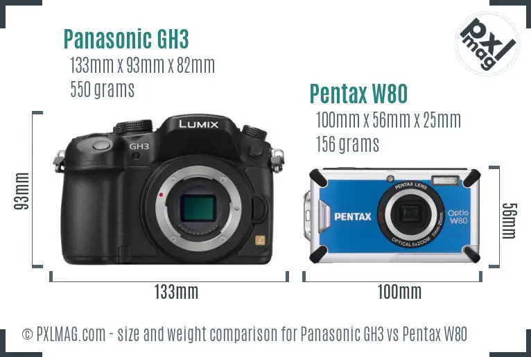 Panasonic GH3 vs Pentax W80 size comparison