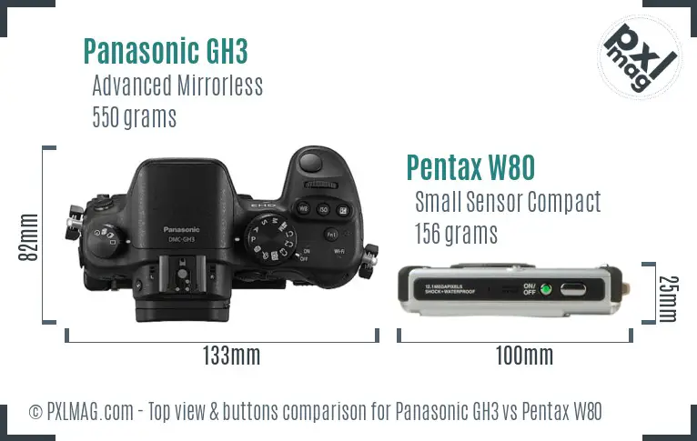 Panasonic GH3 vs Pentax W80 top view buttons comparison