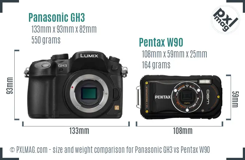 Panasonic GH3 vs Pentax W90 size comparison