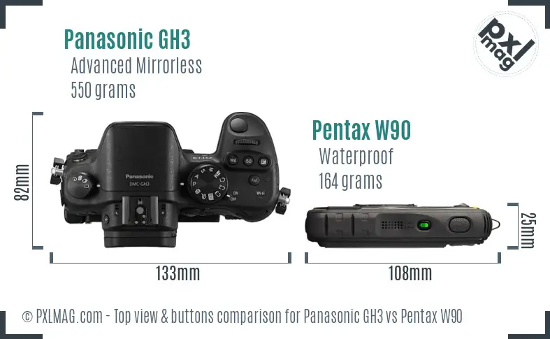 Panasonic GH3 vs Pentax W90 top view buttons comparison