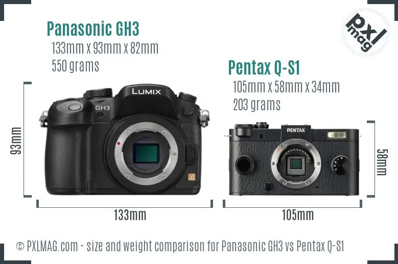 Panasonic GH3 vs Pentax Q-S1 size comparison