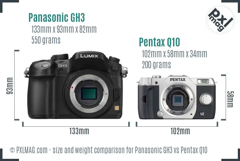 Panasonic GH3 vs Pentax Q10 size comparison