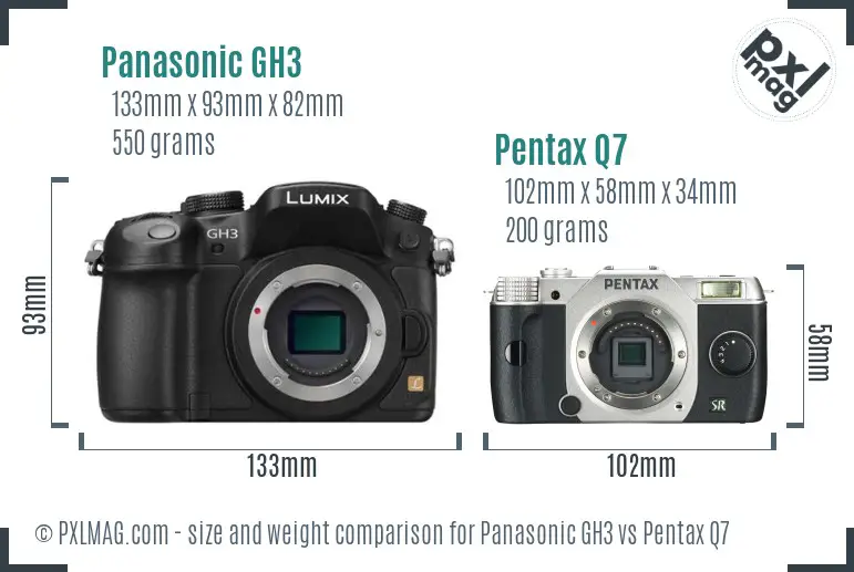 Panasonic GH3 vs Pentax Q7 size comparison