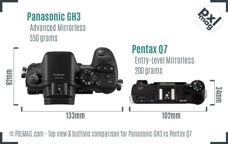 Panasonic GH3 vs Pentax Q7 top view buttons comparison