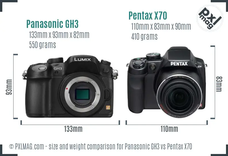 Panasonic GH3 vs Pentax X70 size comparison Panasonic GH3 vs Pentax X70 size comparison