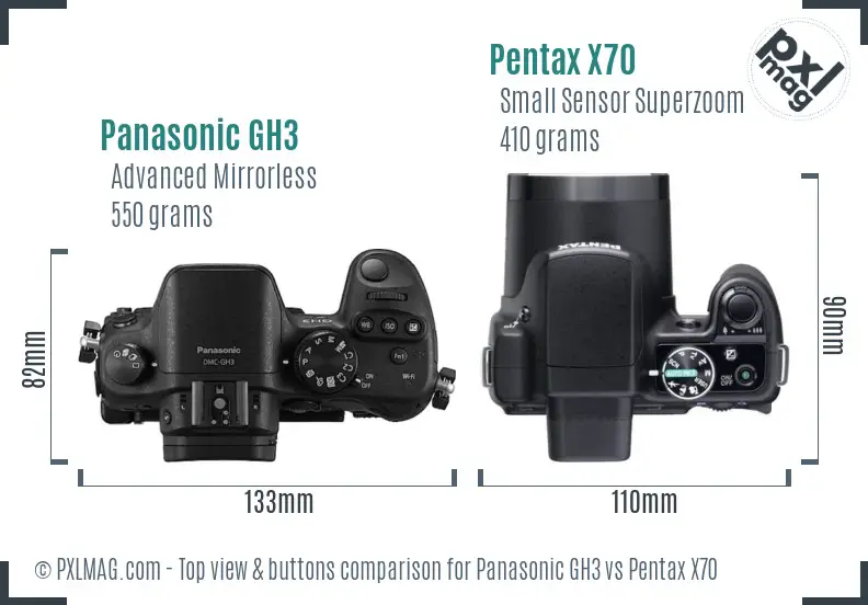 Panasonic GH3 vs Pentax X70 top view buttons comparison Panasonic GH3 vs Pentax X70 top view buttons comparison