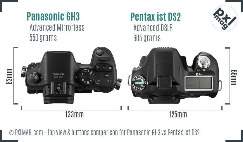 Panasonic GH3 vs Pentax ist DS2 top view buttons comparison