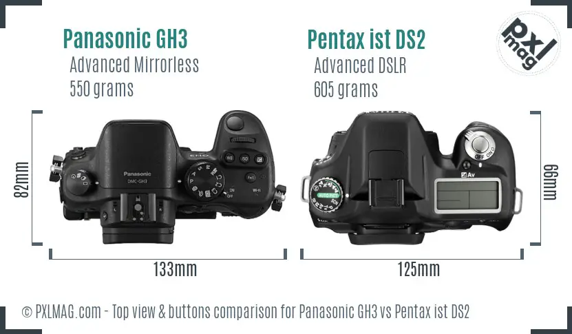 Panasonic GH3 vs Pentax ist DS2 top view buttons comparison Panasonic GH3 vs Pentax ist DS2 top view buttons comparison