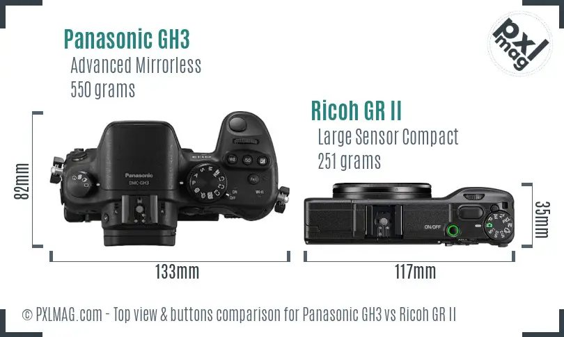 Panasonic GH3 vs Ricoh GR II top view buttons comparison Panasonic GH3 vs Ricoh GR II top view buttons comparison