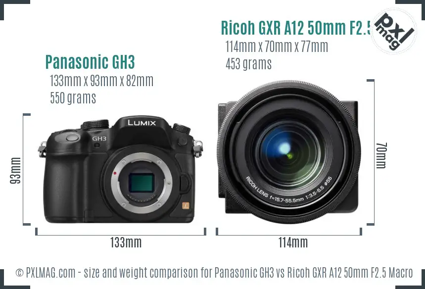 Panasonic GH3 vs Ricoh GXR A12 50mm F2.5 Macro size comparison