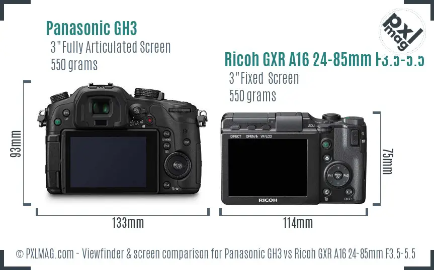Panasonic GH3 vs Ricoh GXR A16 24-85mm F3.5-5.5 Screen and Viewfinder comparison