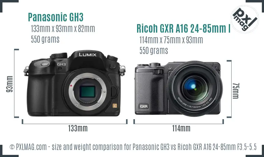 Panasonic GH3 vs Ricoh GXR A16 24-85mm F3.5-5.5 size comparison