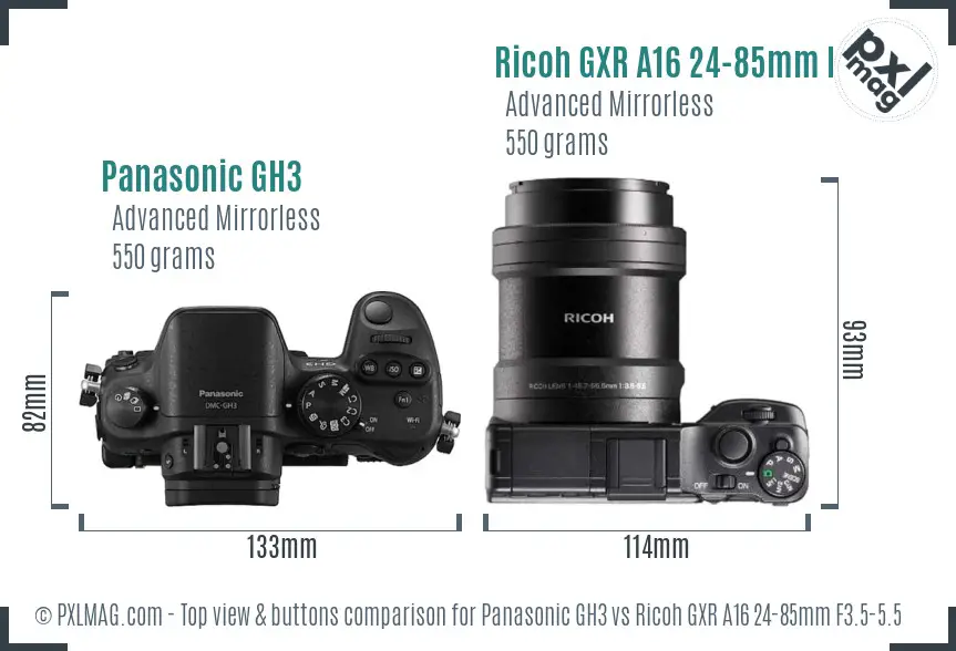 Panasonic GH3 vs Ricoh GXR A16 24-85mm F3.5-5.5 top view buttons comparison