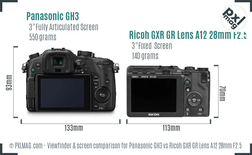 Panasonic GH3 vs Ricoh GXR GR Lens A12 28mm F2.5 Screen and Viewfinder comparison