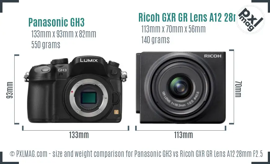 Panasonic GH3 vs Ricoh GXR GR Lens A12 28mm F2.5 size comparison