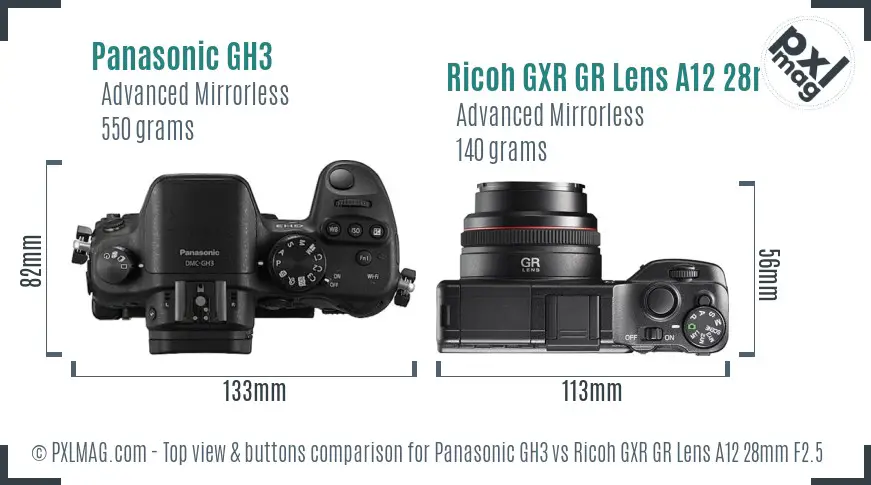 Panasonic GH3 vs Ricoh GXR GR Lens A12 28mm F2.5 top view buttons comparison