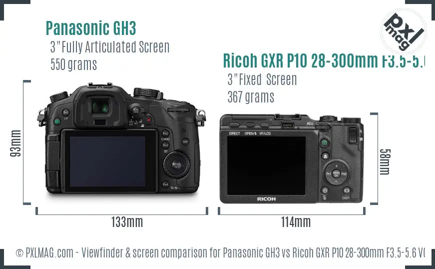 Panasonic GH3 vs Ricoh GXR P10 28-300mm F3.5-5.6 VC Screen and Viewfinder comparison
