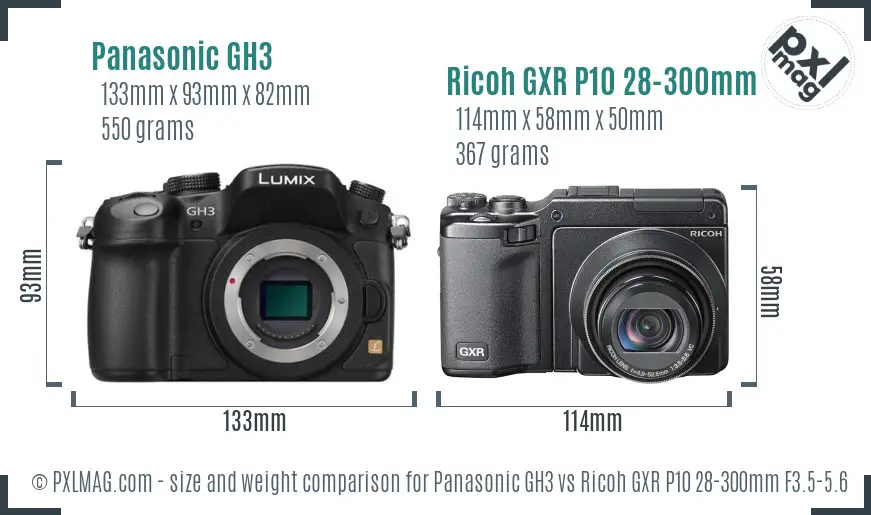 Panasonic GH3 vs Ricoh GXR P10 28-300mm F3.5-5.6 VC size comparison