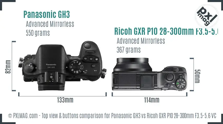 Panasonic GH3 vs Ricoh GXR P10 28-300mm F3.5-5.6 VC top view buttons comparison