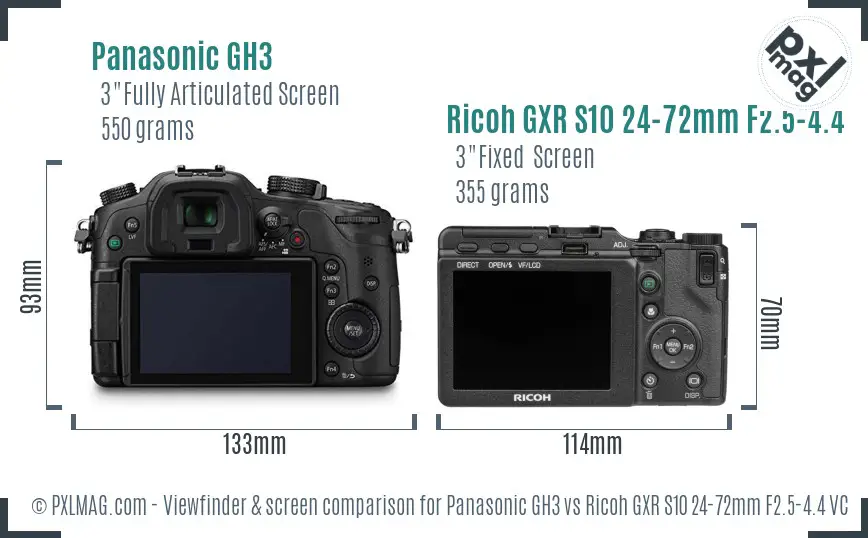 Panasonic GH3 vs Ricoh GXR S10 24-72mm F2.5-4.4 VC Screen and Viewfinder comparison