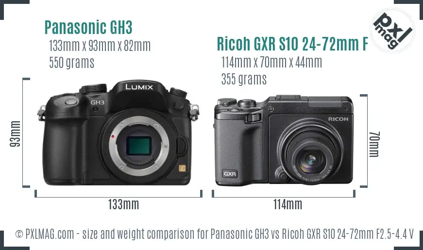 Panasonic GH3 vs Ricoh GXR S10 24-72mm F2.5-4.4 VC size comparison