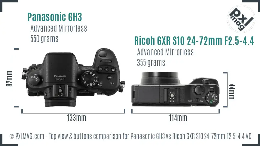 Panasonic GH3 vs Ricoh GXR S10 24-72mm F2.5-4.4 VC top view buttons comparison