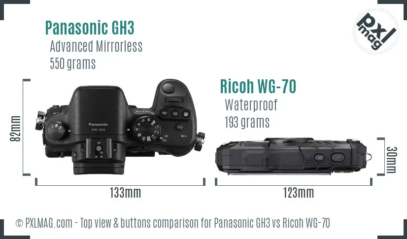 Panasonic GH3 vs Ricoh WG-70 top view buttons comparison Panasonic GH3 vs Ricoh WG-70 top view buttons comparison
