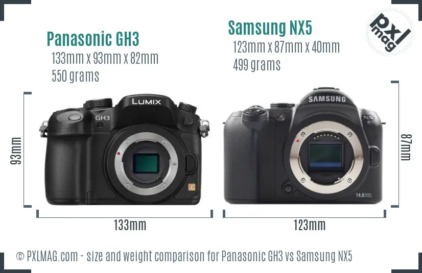 Panasonic GH3 vs Samsung NX5 size comparison