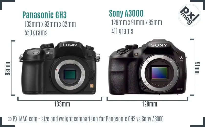 Panasonic GH3 vs Sony A3000 size comparison