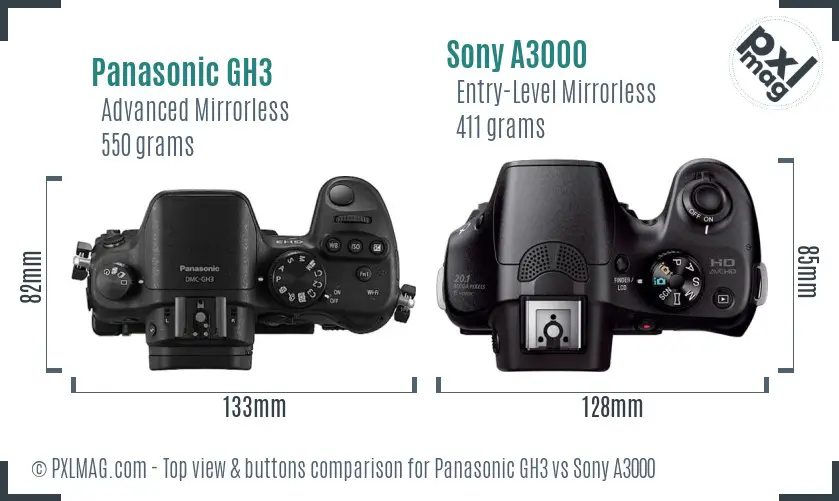 Panasonic GH3 vs Sony A3000 top view buttons comparison
