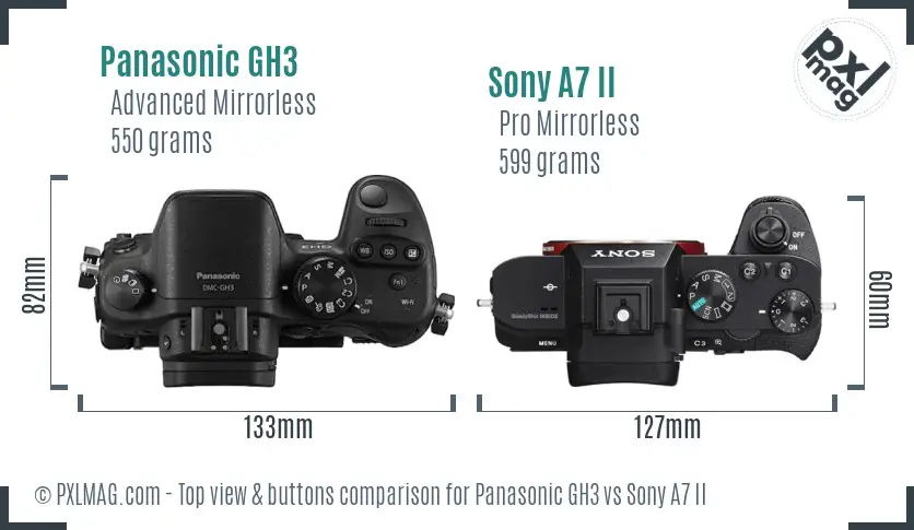 Panasonic GH3 vs Sony A7 II top view buttons comparison