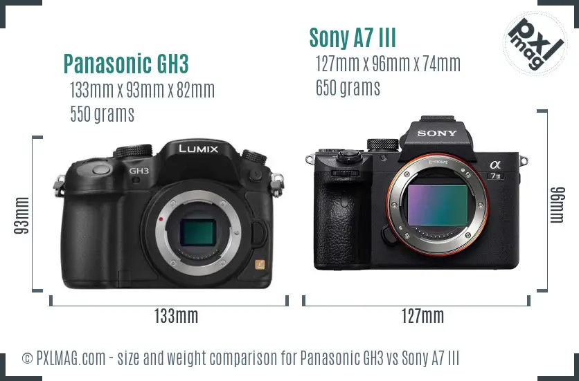 Panasonic GH3 vs Sony A7 III size comparison