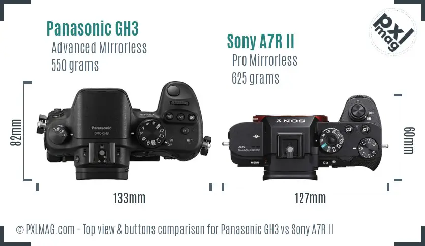 Panasonic GH3 vs Sony A7R II top view buttons comparison