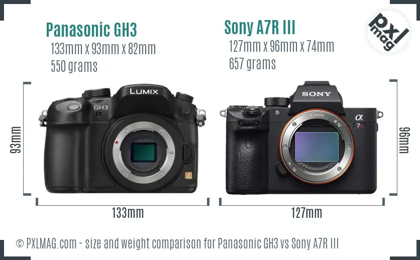 Panasonic GH3 vs Sony A7R III size comparison