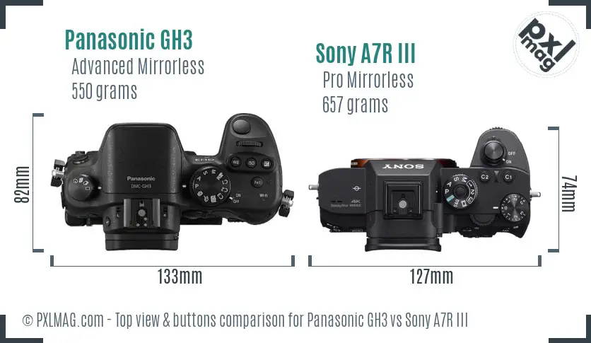 Panasonic GH3 vs Sony A7R III top view buttons comparison