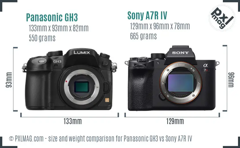 Panasonic GH3 vs Sony A7R IV size comparison