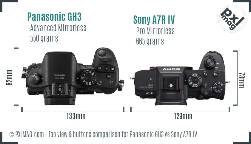 Panasonic GH3 vs Sony A7R IV top view buttons comparison
