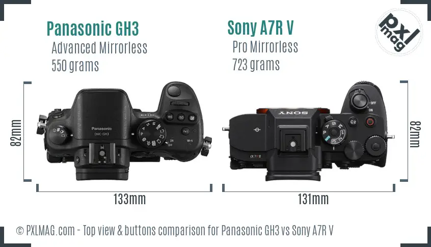 Panasonic GH3 vs Sony A7R V top view buttons comparison