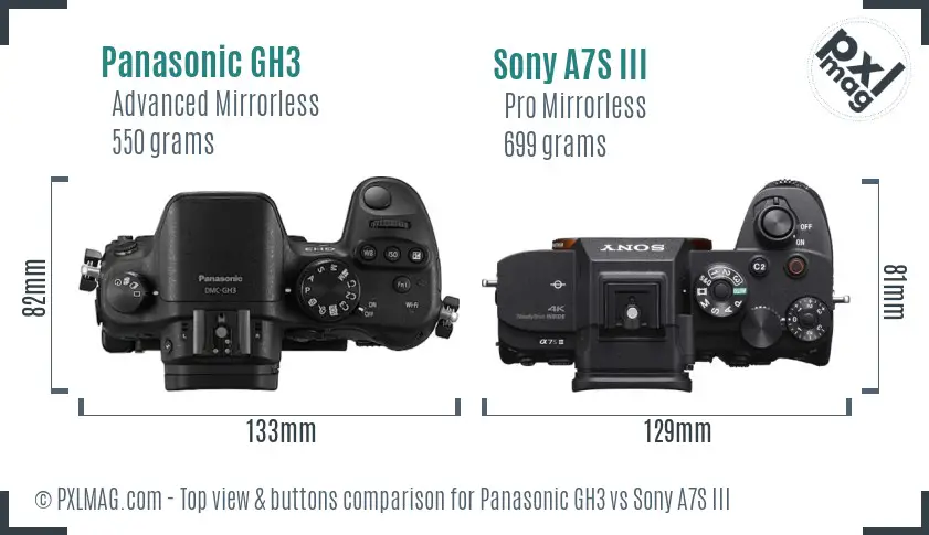 Panasonic GH3 vs Sony A7S III top view buttons comparison