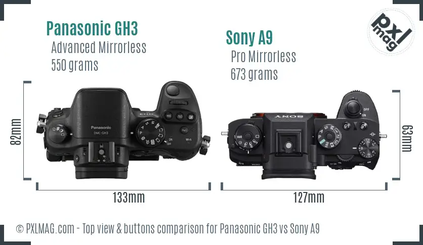 Panasonic GH3 vs Sony A9 top view buttons comparison