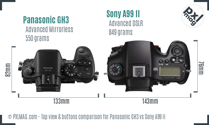Panasonic GH3 vs Sony A99 II top view buttons comparison