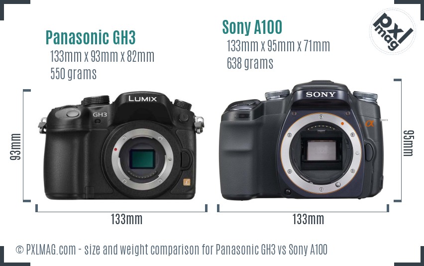Panasonic GH3 vs Sony A100 size comparison Panasonic GH3 vs Sony A100 size comparison
