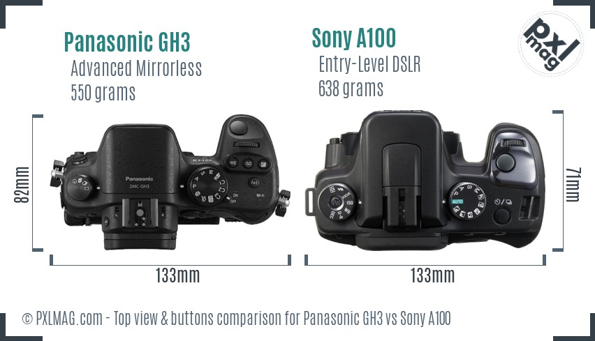 Panasonic GH3 vs Sony A100 top view buttons comparison