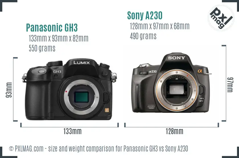Panasonic GH3 vs Sony A230 size comparison Panasonic GH3 vs Sony A230 size comparison