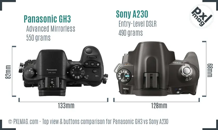 Panasonic GH3 vs Sony A230 top view buttons comparison Panasonic GH3 vs Sony A230 top view buttons comparison